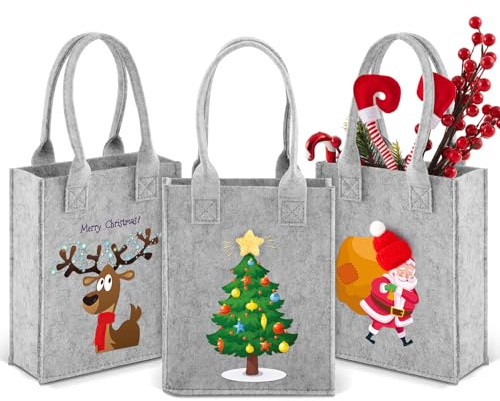 Xuniea 3 piezas Bolsa de Regalo Navideño Bolsa de Fieltro de Navidad 22 x 18 x 7 cm con Patrones de Papá Noel Árbol Navideños Cesta de Fiesta con Asas Envoltura de Regalos para Fiesta de Navidad