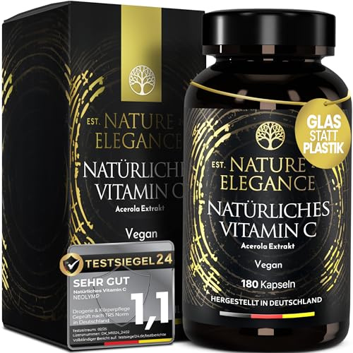 NATURE ELEGANCE Natürliches Vitamin C aus Acerola – Hochdosiert & vegan – 180 Kapseln für 6 Monate – Ohne Zusätze – Gepuffert & gut verträglich – Vitamin C hochdosiert in Deutschland produziert