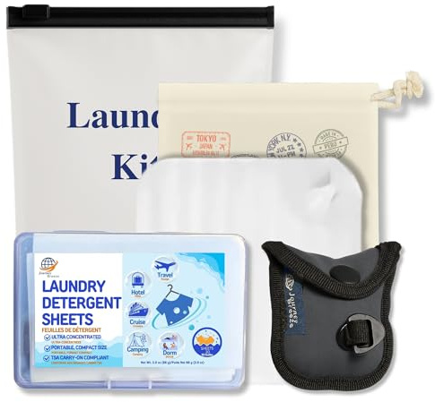 Travel Laundry Detergent Sheets, Portable Clothesline with Universal Sink Stopper – Lightweight Clothesline, Laundry Detergent Sheets & Sink Stopper best for Cruise, Hotel, Camping & On-the-Go Washing
