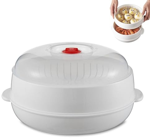 Mikrowellen Dampfgarer BPA-frei, Doppel-Layer Mikrowellenbehälter aus lebensmittelechtem PP, Gemüse Reis Fisch Dumplings schonend Dampfen, Platzsparendes Mikrowellen Kochgeschirr mit Deckel