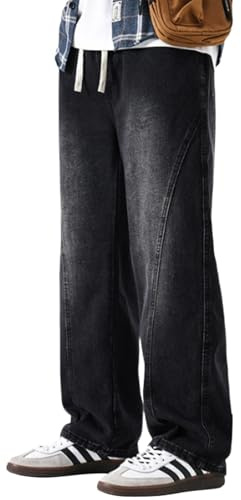 PADOLA Jeans Uomo Gamba Dritta con Vita Elasticizzata e Cordino Pantaloni Denim Lavaggio Usato con Tasche Laterali e Posteriori(XXL,Nero)