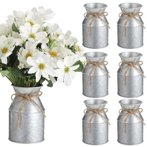 6 Pcs Milk Can Vase, Rustic Flower Vase Set, Galvanized Vases, 5.31 in Farmhouse Vases with Burlap Bow, Vintage Metal Jug Pitcher for Home, Wedding, Party Decor