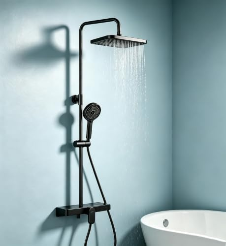 Shower Mixer Set Without Thermostatic,Shower System with 33x21 cm Rainfall Shower Head,3 Modes Round Shower Head,Glass Shelf Multi-Angle Swivel Outlet,Stainless Steel Mixed Shower(Black)