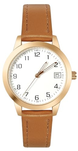 OFFCUP Damklocka i läder, läderrem damklockor, analog kvartsur med datum vit urtavla, 3 hand, premium mode armbandsur för kvinnor damer flickor, Brun