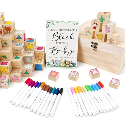 AROMUJOY 75 Stück Babyparty Spiele Set, Lustigste Babyshowerparty Spiele Aktivitäten, Baby Shower Deko mit 50 DIY-Holzwürfel, 24 Acrylfarben Stifte, 1 Holzschild für Junge und Mädchen