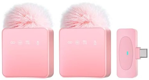 LuobannmProfessional Wireless Lavalier Microphone Portable SmartPhone MIC Noise Reduction Recording Mute Function Pink