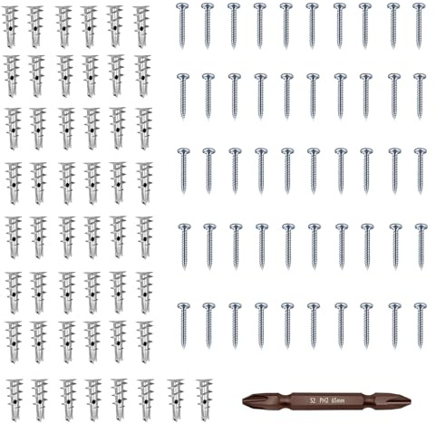 FVPKYUR Schrauben für Gipsplatten – 50 Stück Nägel für Möbel mit 50 Befestigungselementen | Schrauben für Metall und Holz, Trockenbau, Hohlkammerplatte, Badezimmer, Küche L