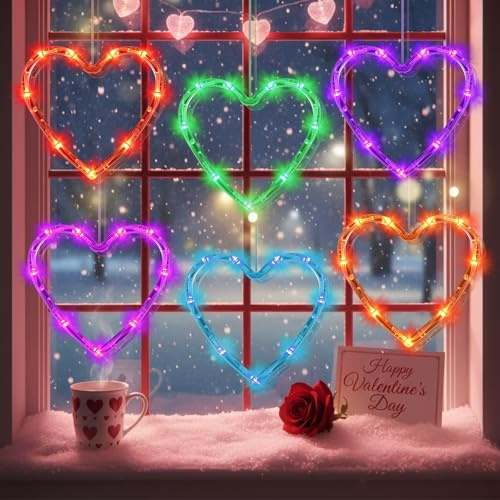 Huquary 6 Pcs Valentine's Day Window Lights Heart Suction Cup Light LED Window Decor Light 6.3 Inch Color Hanging Heart Shaped Suitable for Wedding Anniversary Home Party Decorations Table (6 Colors)