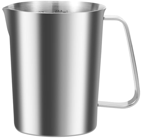 Messbecher Edelstahl 500ml Küchenprofi Messbecher mit Feinskala Griff Rührbecher Edelstahl Ausgießer Anti-Tropf-Design für Küchen Bars Milchtee-Läden Cafés Partyorten (500ml)