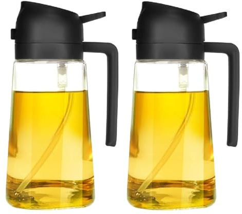 PintoCer Lot de 2 huiliers distributeurs d'huile 2 en 1, pulvérisateur et verseur, verre avec couvercle noir, multifonctionnel, avec passoire intégrée 470 ml