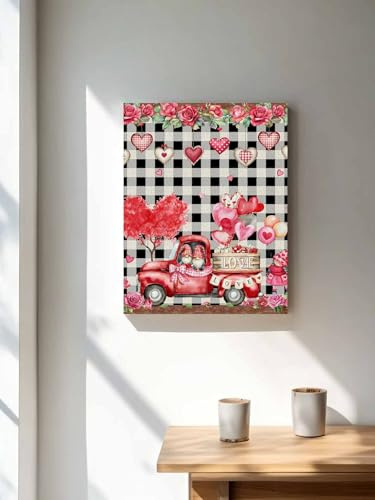 Valentines Dwarfs Love Heart Truck Canvas Wall Art,Vertical Wall Art Paintings Ready to Hang, Retro Lattice and Wooden Artwork Decor for Living Room Bathroom Bedroom,36x48In