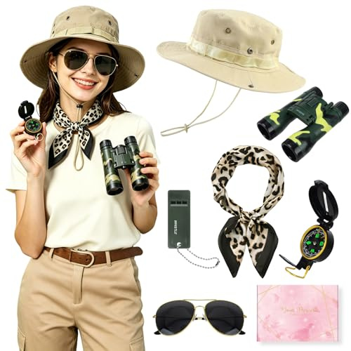 YYDSXK Set Accesorios Safari Mujer, 6 Piezas Disfraz Safari Mujer con Brújula y Sombrero de Safari, accesorios para Carnaval Halloween Cosplay Mascarada