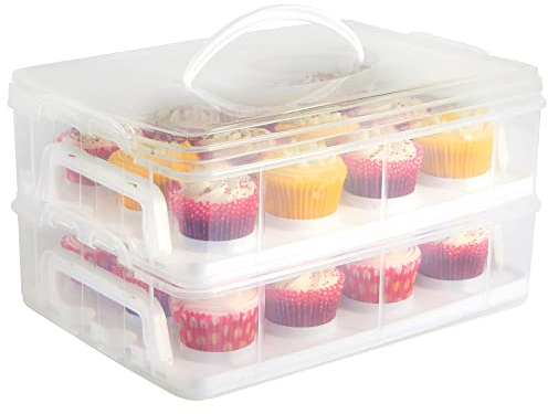 VonShef Cupcake Carrier with Handle, Two Tier Stackable Cup Cake Box, 24 Muffin Cake Carrier with Airtight Snap Lid, Clear Plastic Baked Goods Container
