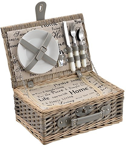 casa.pro Cestino da Picnic per 2 Persone Valigia Picnic in Rami di Salice Vintage Set Incluso Piatti Posate Bicchieri Borsa Termica Cavatappi Interno Fantasia