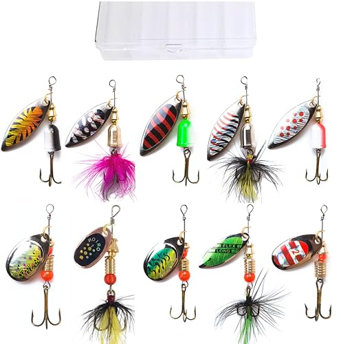 KINGFOREST 10-Piece Spinnerbait Fishing Lures Kit - Hard Metal Bass Trout Salmon Walleye Lures with Tackle Box | Freshwater & Saltwater Fishing Bait