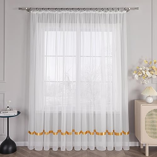 HongYa Stores Voile Gardine Schal Transparenter Vorhang mit Satinband Kräuselband H/B 145/300 cm Gelb