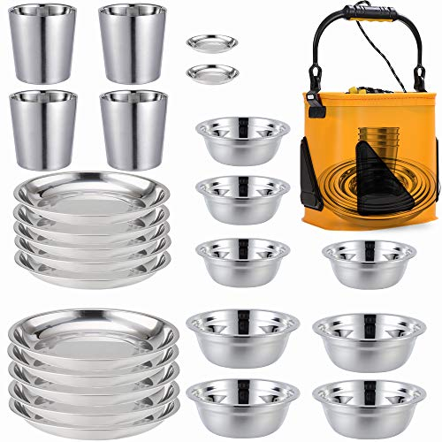Set da campeggio, ciotole, tazze e portaspezie, in acciaio inox, set da 24 pezzi, da 8,9 cm a 21,8 cm, per campeggio, escursionismo, spiaggia, uso esterno, con secchio pieghevole