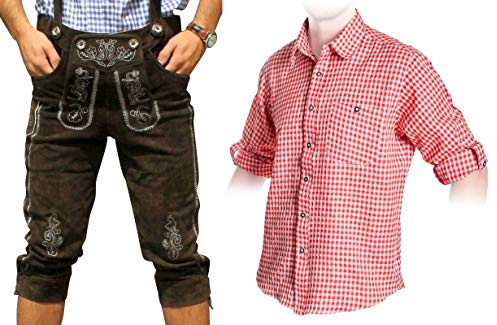 Herren Trachten Set B Trachten Lederhose Dunkelbraun 46-60 + Trachtenhemd Oktoberfest (Hose 48 Hemd L)