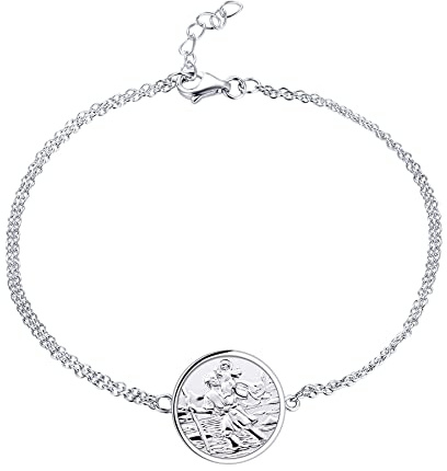 FJ Heiliger Christophorus Kette/Armband 925 Sterling Silber Antiqued Religiöser Beschützer Talisman Schmuck für Herren Damen, Runde/Medaille/Oval/Quadratisch/Medaillon