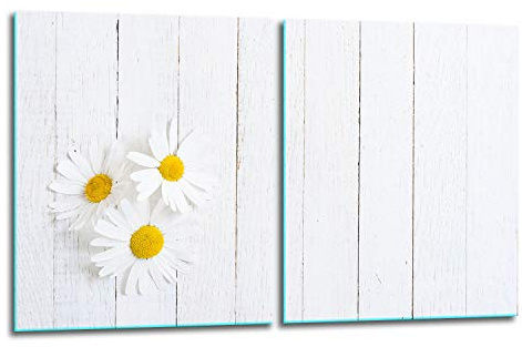 TMK | Herdabdeckplatten Set 2x40x52 cm Ceranfeld Abdeckung Glas Spritzschutz Abdeckplatte Glasplatte Herd Ceranfeldabdeckung Deko Schneidebrett | weiß Holz