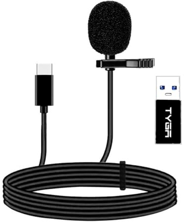 TYGA USB-C Lavalier Microphone, Omnidirectional Clip-On, 1.5m, Pack of 1 | Clip-on omnidirectional microphone with 1.5m cable and USB-A adapter for smartphones, PCs, laptops, interviews and recording.
