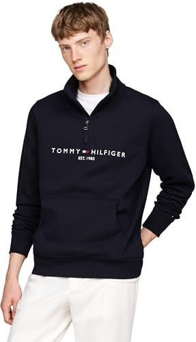Tommy Hilfiger Herren Sweatshirt mit Reißverschluss Logo Mockneck mit Bauchtasche, Blau (Desert Sky), XXL