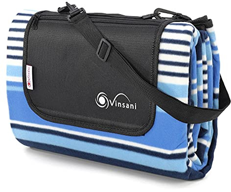 Vinsani Coperta pieghevole da picnic, 200 x 180 cm, impermeabile e antisabbia, ideale per campeggio e picnic all'aperto, tappeto a strisce blu con manico per il trasporto