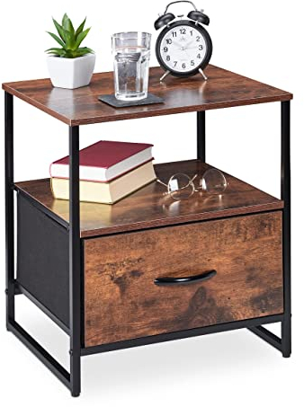 Relaxdays Nachttisch Industrial, 2 Ablagen, Beistelltisch mit Schublade, Metall & MDF, HBT: 50x45x40cm, schwarz/braun