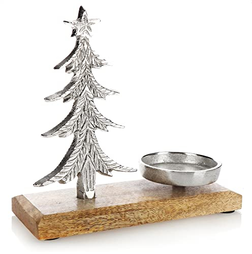 com-four® Kerzenhalter mit Deko-Figur - Dekorativer Kerzenständer aus vernickeltem Aluminium mit Mangoholz-Sockel - Teelichthalter für Kerzen Aller Art
