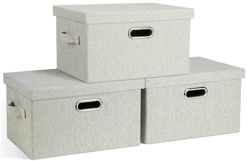 Graciadeco Medium 15 21 Quart Collapsible Stackable Storage Bins with Lids, 3 Packs Beige Foldable Fabric Closet Boxes Heavy-duty Linen Cube Baskets Container for Bedroom Office (15 x 11 x 8)