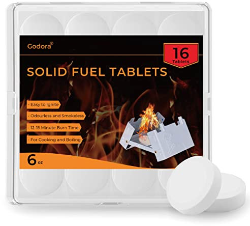 Godora Lot de 16 tablettes de combustible solide, puissant (1 300 degrés), facile à allumer, étanche pour randonnée, extérieur, camping et