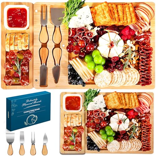 Easoger Large Bamboo Charcuterie Boards, Cheese Board and Knife Set - Unique Housewarming, Wedding and Bridal Gift