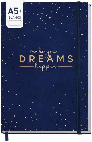 Häfft paper&you® Notizbuch A5+ blanko Journal Make your dreams happen | 156 nummerierte Seiten ohne Lineatur, 100g/m² Papier - Journaling Buch, Tagebuch, Skizzenbuch mit Gummiband & Lesebändchen