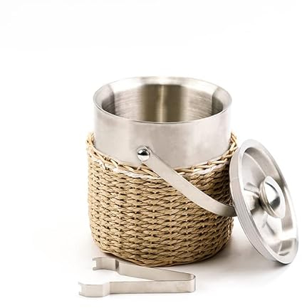 Ice Bucket with lid, 2 Liter Stainless Steel Insulated ice Bucket with Wicker Outer Basket Handle Tongs for Party bar Buffet