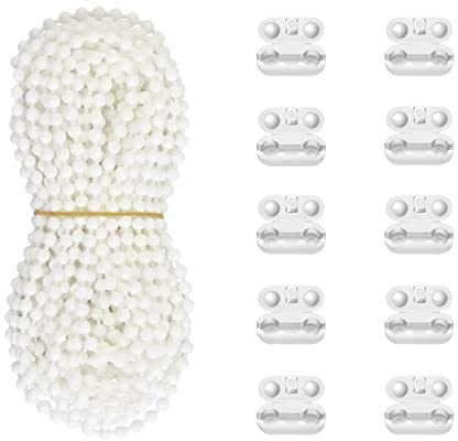 Antfly 10 Meters (32.8 Feet) Roller Blind Bead Chain Cord Roman Venetian Honeycomb Vertical Shade Blind Cord with 10 PCS Connectors for Roller Blind Replacement Parts White (Normal Version)