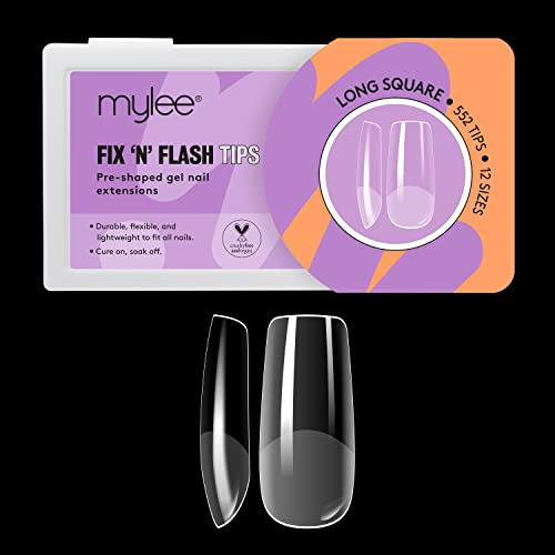 Mylee Fix N Flash Capsules en Gel Souple 552pcs, Extensions Ongles Nail Art | Capsules Américaines, Souples et Résistantes, 12 Tailles Différentes, Conviennent à Tous les Ongles (Carré Long)