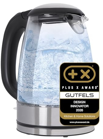 GUTFELS Glaswasserkocher 1,7 L - 2200 Watt, Kalkfilter & LED | Elektrischer Glaskocher mit 360-Grad-Sockel, Abschaltautomatik, Überhitzungsschutz & Trockenlaufschutz