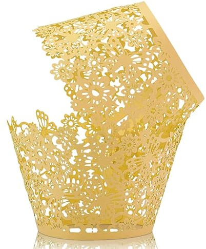 NANJIL JGW003 KOSTOO Cupcake-Förmchen aus Spitze, lasergeschnitten, für Weihnachten, Hochzeit, Geburtstag, Party, Dekoration, goldfarben, 8 x 5,5 cm, 50 Stück