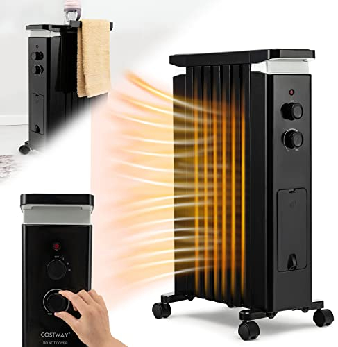 COSTWAY Radiateur Bain d'Huile à Chauffage 600/900/1500W, Radiateur Électrique à 7 Éléments Fonction d’Humidification, Porte-Serviette Thermostat Réglable Anti-Surchauffe (Noir)
