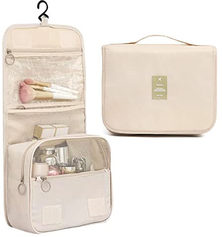 Trousse de Toilette Suspendue, Trousse Toilette Voyage pour Femmes, Organisateur de Cosmétiques Pliable et Portable, Trousse de Douche Imperméable avec Compartiment Séparé, Beige