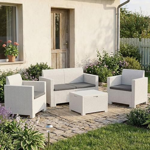 Dmora - Loungeset für draußen Venere, Outdoor-Lounge mit Couchtisch, Terrassenset mit Kissen, Gartenkomposition mit Sofa und Sesseln, Made in Italy, Weiß