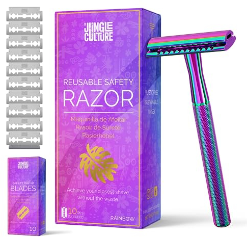 Jungle Culture Safety Razor for Women & Men in Rainbow • Reusable Metal Razor • No Blades Included - Fits All Double Edge Blades • Eco Friendly • Shaving Guide included • for Body & Face