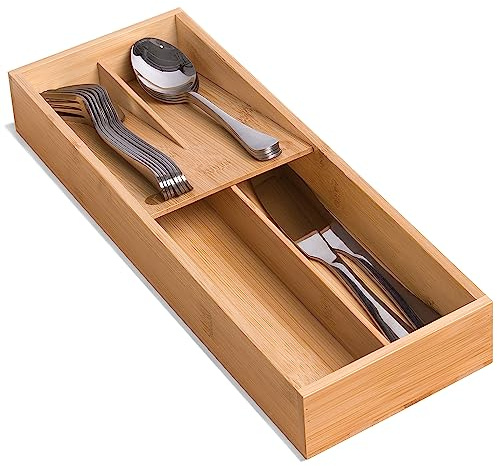 guiogc Bamboo Cutlery Organizer Drawer Kitchen Small Cutlery Organizer Utensil Rest Cutlery Tray for Spoons Forks Knives Suitable for Family of 2-4 People