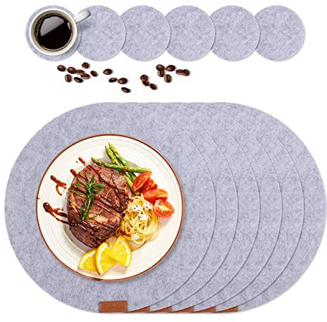 12er Set Premium Tischset Platzset aus Filz, 6 Rund Platzsets mit 6 Untersetzer Abwaschbar Hitzebeständig und rutschfest Tischuntersetzer Platzdeckchen für Küche, Partz, Hochzeit (Grau)