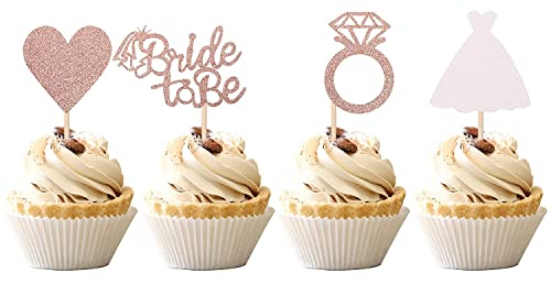 24 Stück Wedding Tortendeko Glitzer Bride to Be Cupcake Toppers Geburtstag Kuchen Deko Heart Ring Dress Kuchendekoration für Verlobung Hochzeiten Party Kuchen Dekoendeko Rosegold