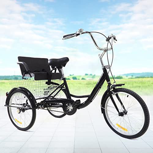 Lightakai 20 Zoll Dreirad Erwachsene, Adult Trike Tricycle 1-Gang 3-Rad Fahrrad Höhenverstellbar Cruiser Erwachsenendreirad mit Kindersitz & klappbaren Einkaufskorb für Senioren Ältere (Schwarz)