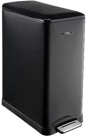 Cooks Professional Slimline Dual Recycle Pedal Bin 50L | 20 + 30L Removable Compartments & Soft Close Lid | Double Section Stainless Steel Kitchen or Office Dustbin for Recycling or Waste | Black