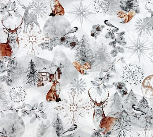 100x160cm Tiere Baumwollstoff für Kinder - Kinderstoffe aus 100% fester Baumwolle - Stoffe für Kinder & Baby - Kinderstoffe zum Nähen - Winterwald Tiermuster Schnee Wintermotiv - fest, keine Meterware
