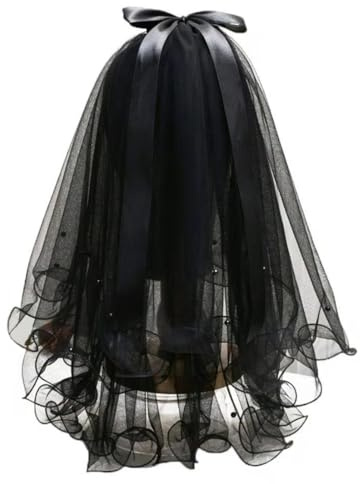 JUSTUSNX Kurzer schwarzer Hochzeitsschleier – 2-stöckige Gothic-Braut-Halloween-Party-Schleife mit Kamm – Cosplay-Zubehör für Frauen und Mädchen