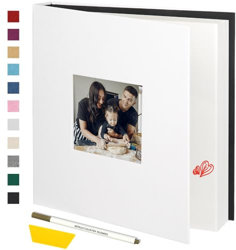 Miaikoe Photo Album Self Adhesive Scrapbook Album for 4x6 5x7 8x10 Pictures,60 Pages Linen Cover Album with Display Window DIY Book with A Metallic Pen and Scraper (White)